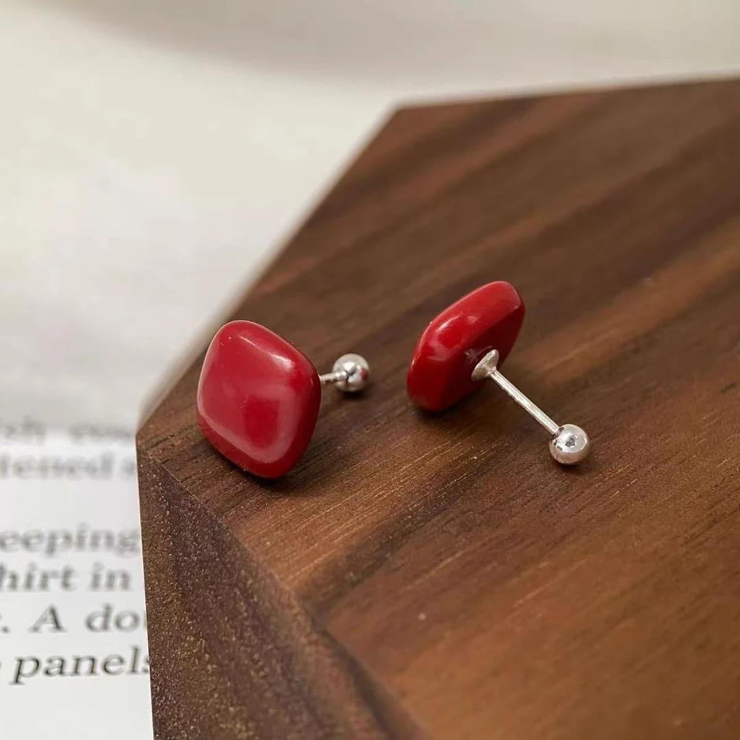 足银耳饰 999喜庆新年红色几何小方块螺丝耳钉