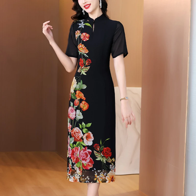 高端时尚洋气妈妈修身显瘦旗袍连衣裙2025新款减龄短袖裙子夏季女