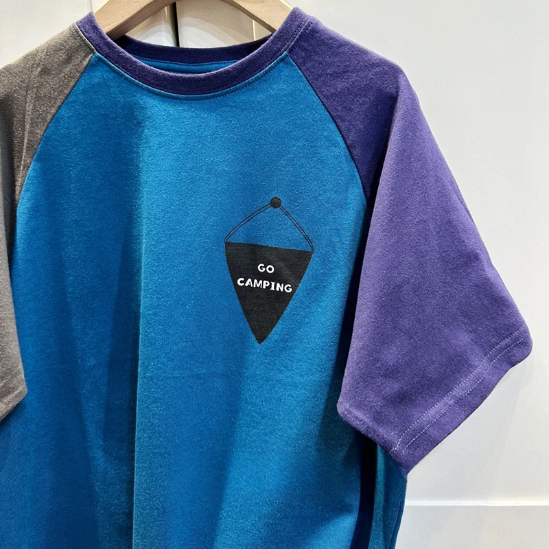 儿童短袖T恤夏季潮酷男宝宝户外工具印花蓝色插肩袖女童半袖上衣