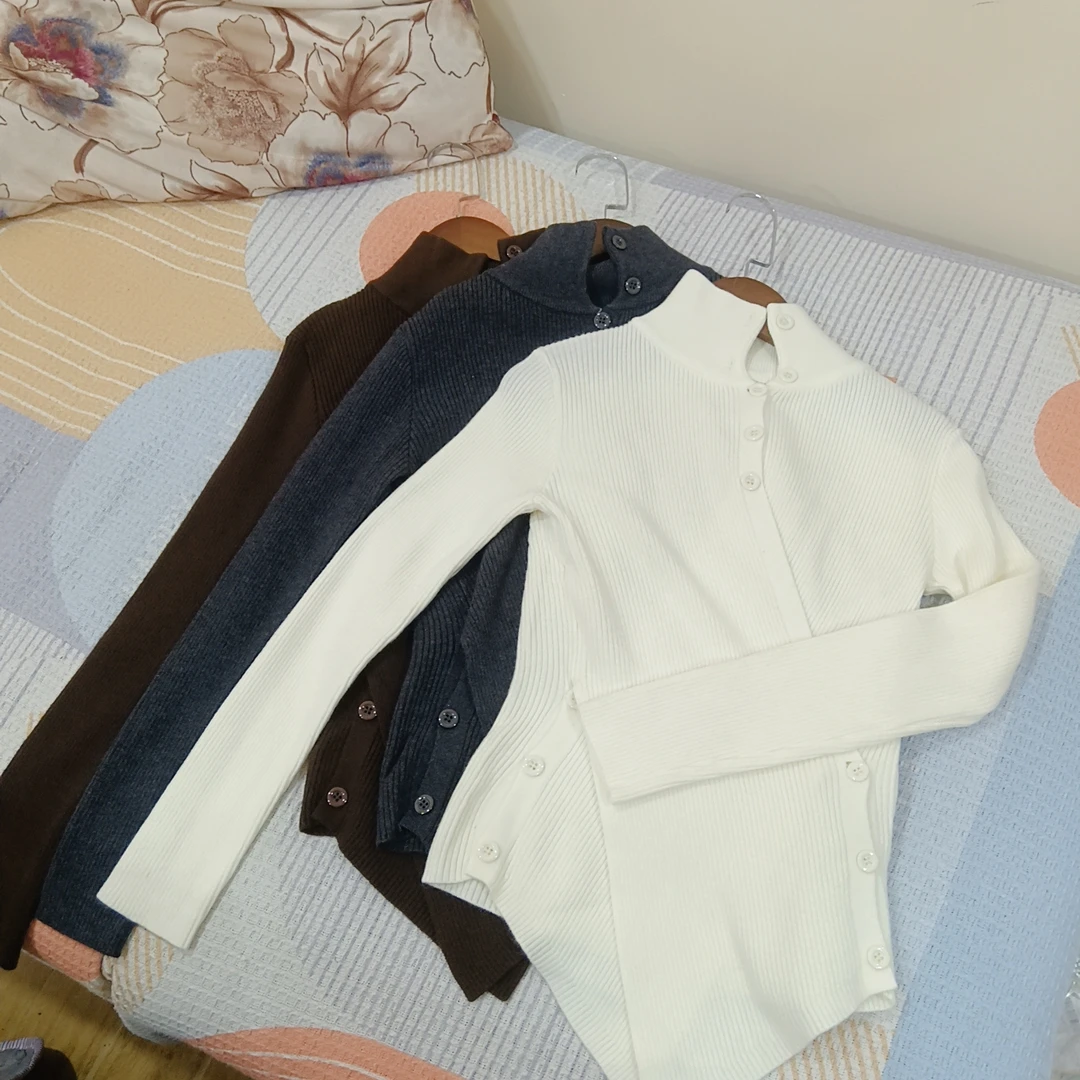 韩版简约不规则长袖针织衫女秋冬修身内搭显瘦毛衣上衣
