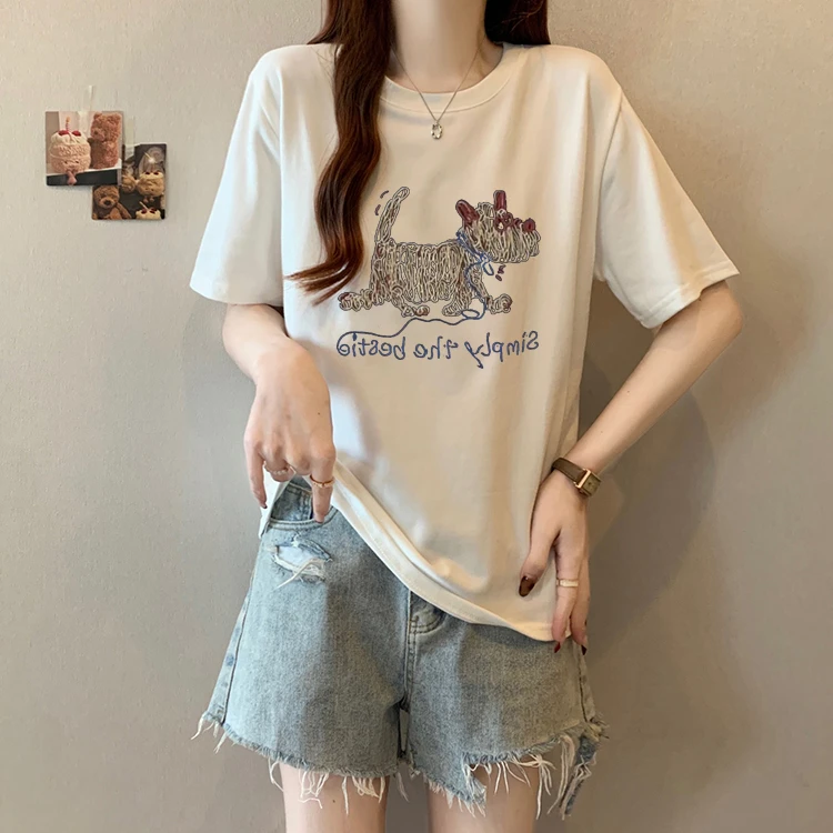 大码胖mm设计感卡通印花正肩短袖T恤女夏季新款百搭遮肚小衫上衣