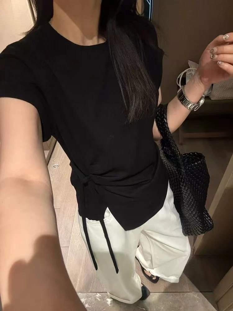 8334号2915#纯色简约百搭侧褶皱收腰显瘦绑带圆领短袖（预）