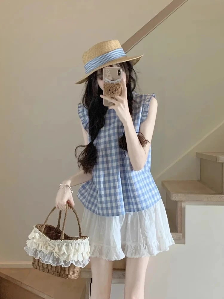 夏装搭配一整套时尚小个子奶系穿搭格子上衣短裙减龄甜美两件套装