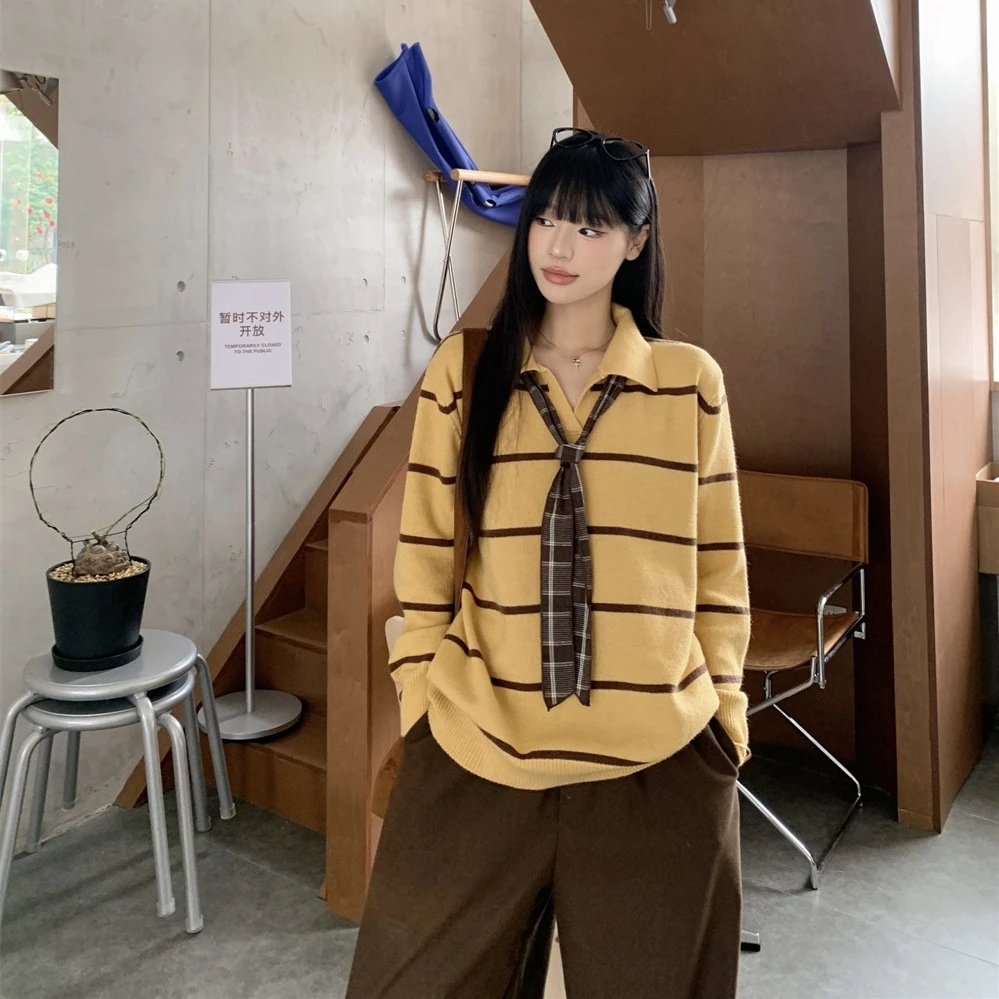 新款时尚洋气百搭老钱风黄色条纹POIO领长袖毛衣女2025装秋冬新款