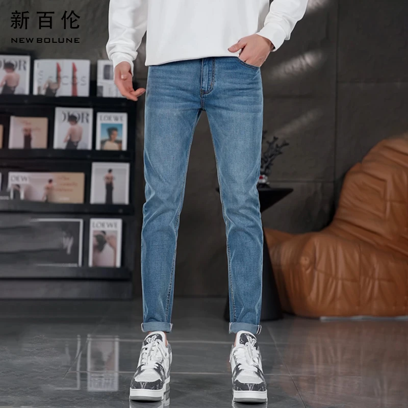新百伦秋冬男士牛仔裤2025新款九分休闲百搭修身直筒蓝色男款裤子