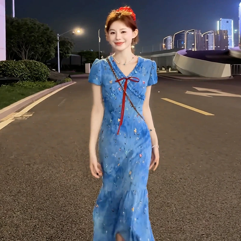 【现货+运补】蓝色绝美V领连衣裙女夏气质收腰高级感温柔长裙3011