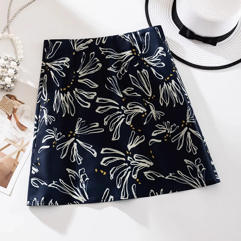 拉夏贝尔藏蓝色印花半身裙女2025年夏季新款高腰气质中长A字裙子