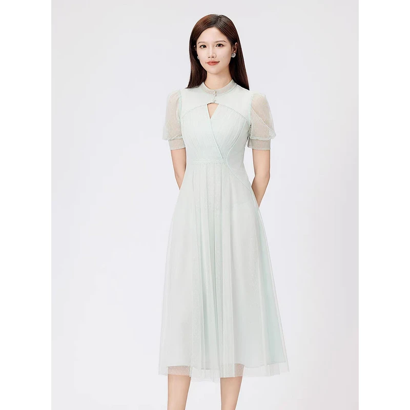 SUSSI/古色新品夏季立领泡泡短袖褶摆连衣裙121AY206511