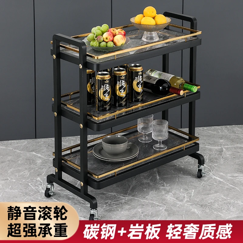 不锈钢国风轻奢岩板系列三层火锅菜架车酒店餐桌推车置物架餐车