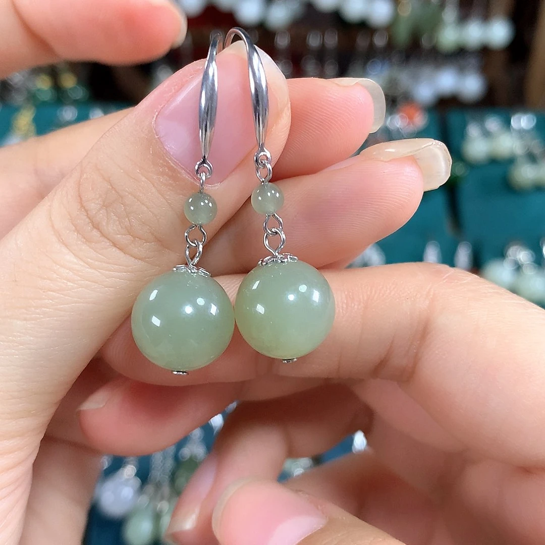 和田玉银S925镶嵌耳饰天然的卡12mm左右晴水