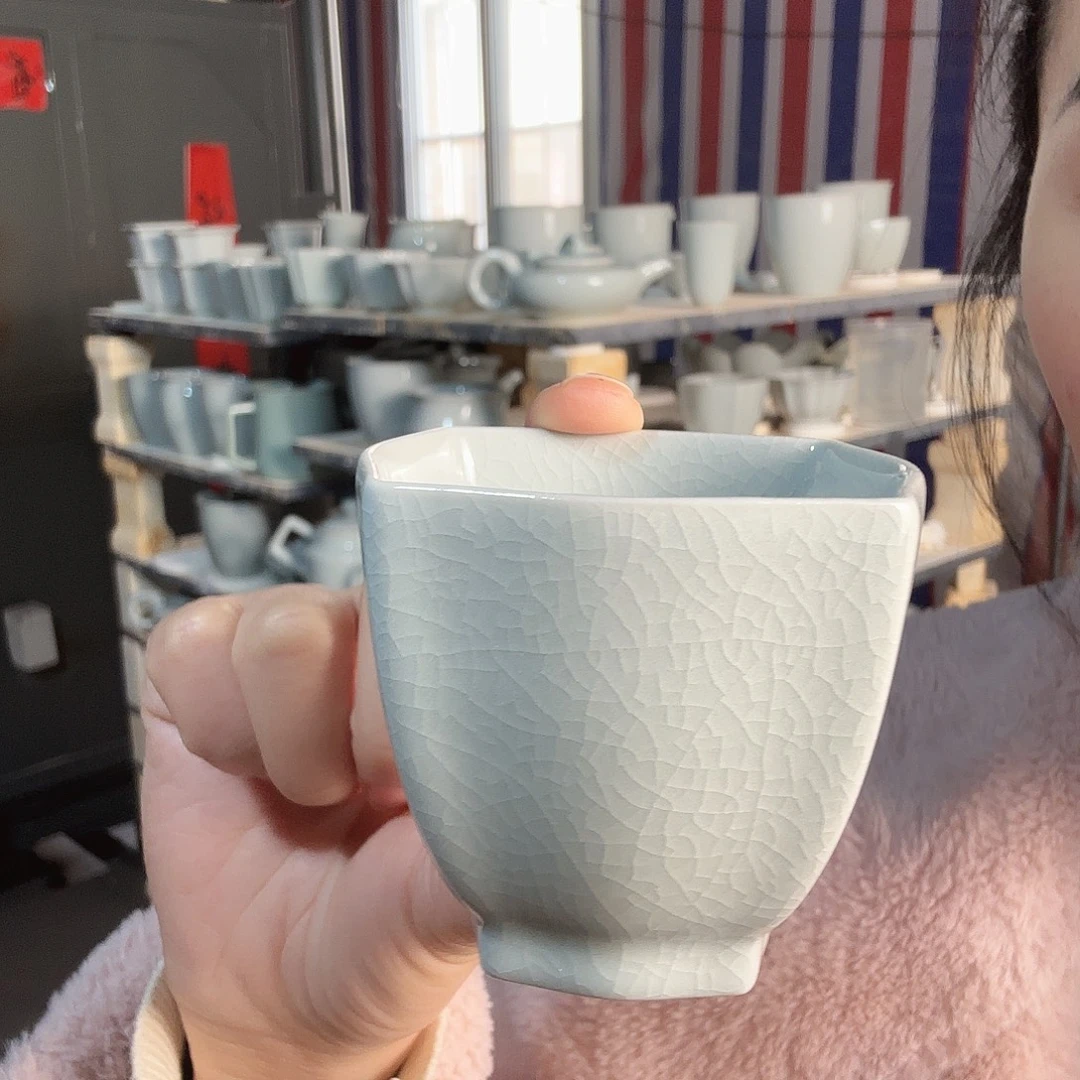 陶摆件汝瓷四方杯支钉烧仿古月白釉微微瑕