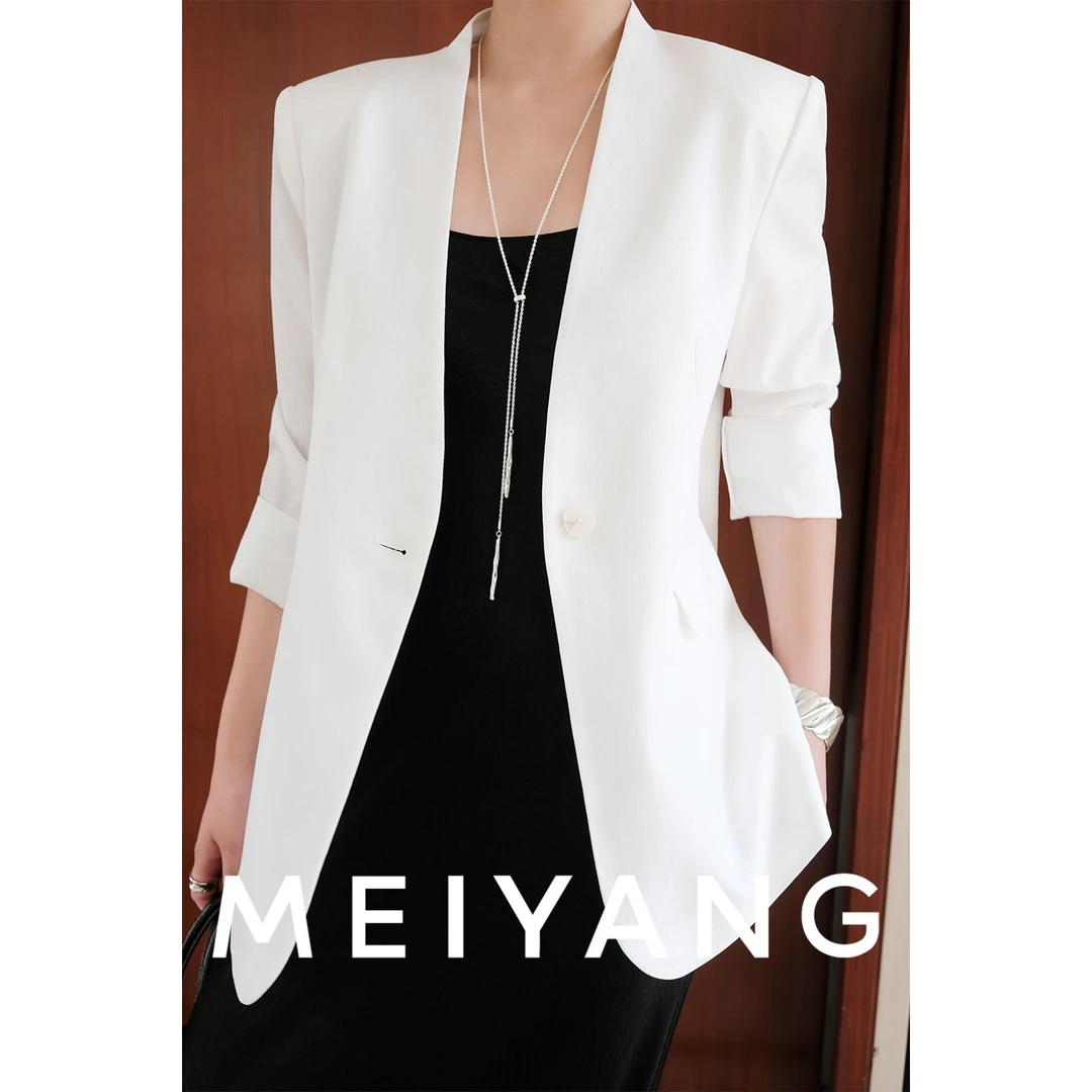 美洋MEIYANG 白珍珠西装 通勤V字无领垫肩一粒扣西服外套
