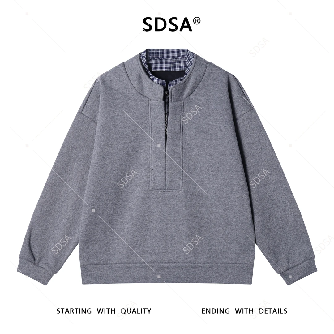 SDSA男士秋冬新款痞帅男装潮牌简约拼接半拉链假两件卫衣百搭宽松