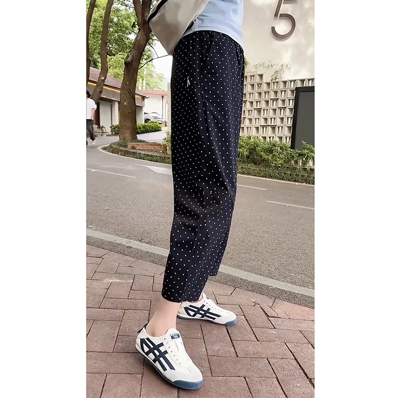 2025年夏季新款九分透气休闲裤女显瘦波点哈伦裤大码遮肉薄老爹裤