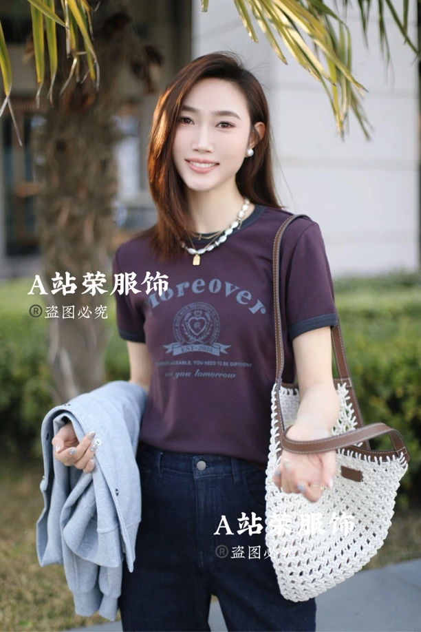 【荣姐精选】拼边字母印花短袖