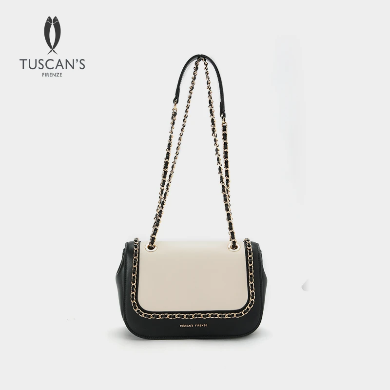 TUSCAN'S真皮羊皮时尚黑白撞色女士单肩包拼色链条斜挎包时代双鱼