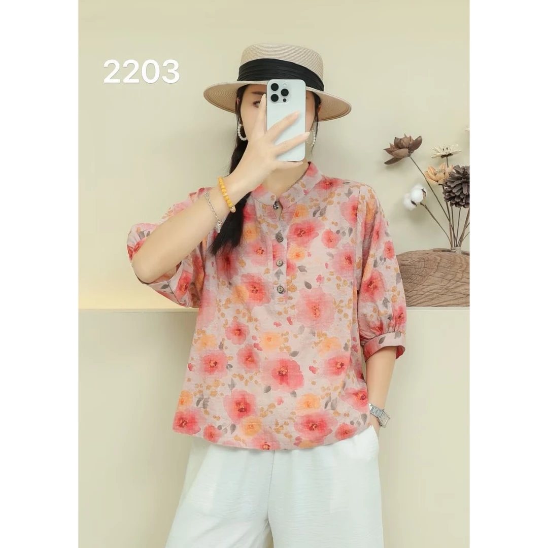 夏季新款棉麻印花上衣薄款气质立领复古文艺中宽松中袖碎花衬衫女