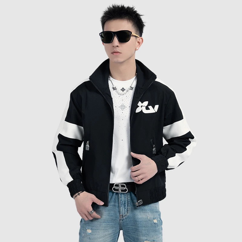 2025春季欧货潮牌时尚运动风夹克撞色休闲百搭痞帅立领男士外套