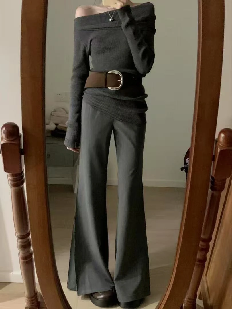 SHS【2025】新款韩系气质斜肩露肩长袖针织衫➕高腰显瘦微喇长裤套装