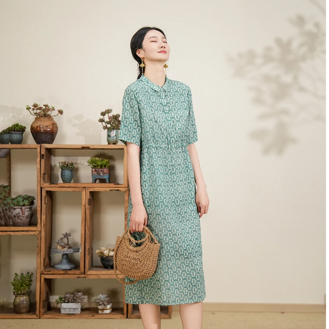 布符2025年夏季新款绿色几何连衣裙清新显瘦时尚气质女装MXDLY23