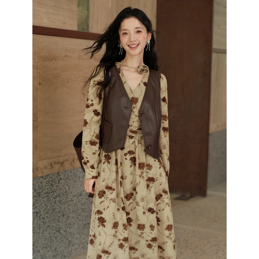 木易易 复古印花长袖V领连衣裙马甲两件套女早秋美拉德穿搭长裙