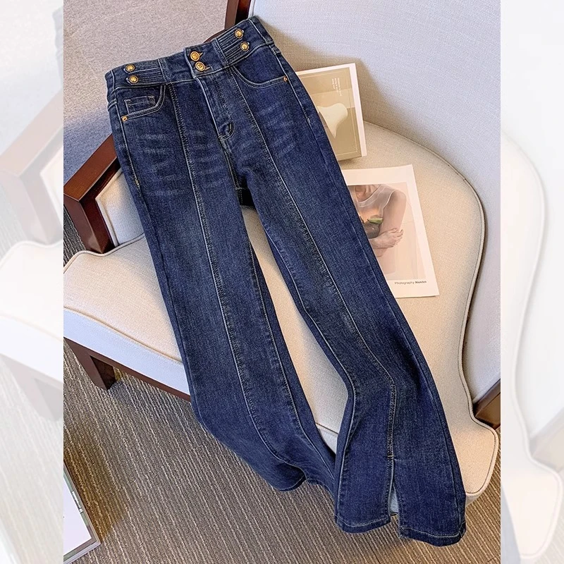 拉夏贝尔 开叉微喇牛仔裤女春夏2025新款高腰修身显瘦九分喇叭裤
