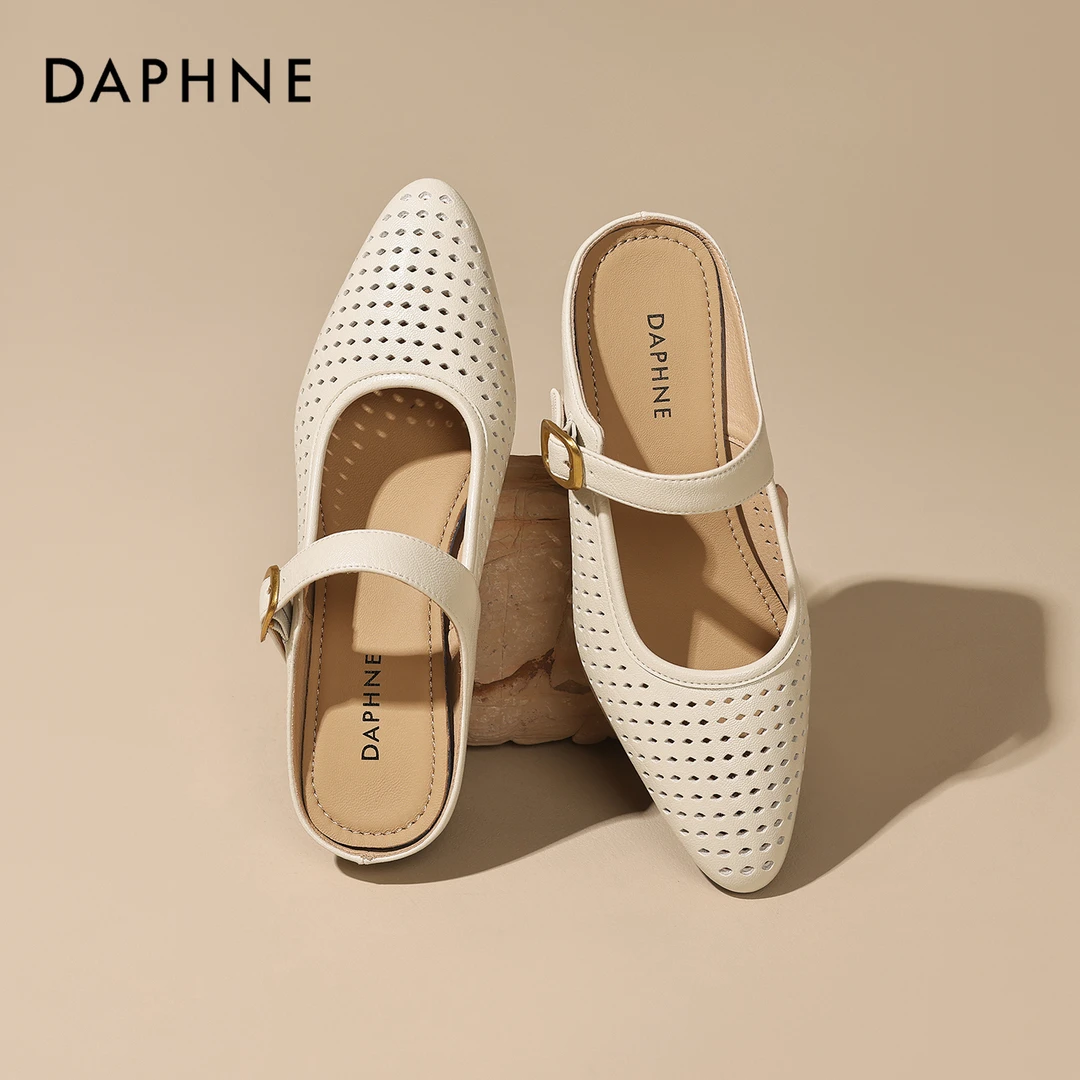 达芙妮新款粗跟穆勒鞋女复古包头半拖2025夏季百搭尖头玛丽珍女鞋
