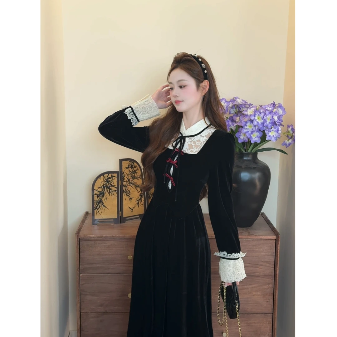 【中古秘境】<77>复古蕾丝撞色拼接丝绒收腰连衣裙秋季XMZH9098