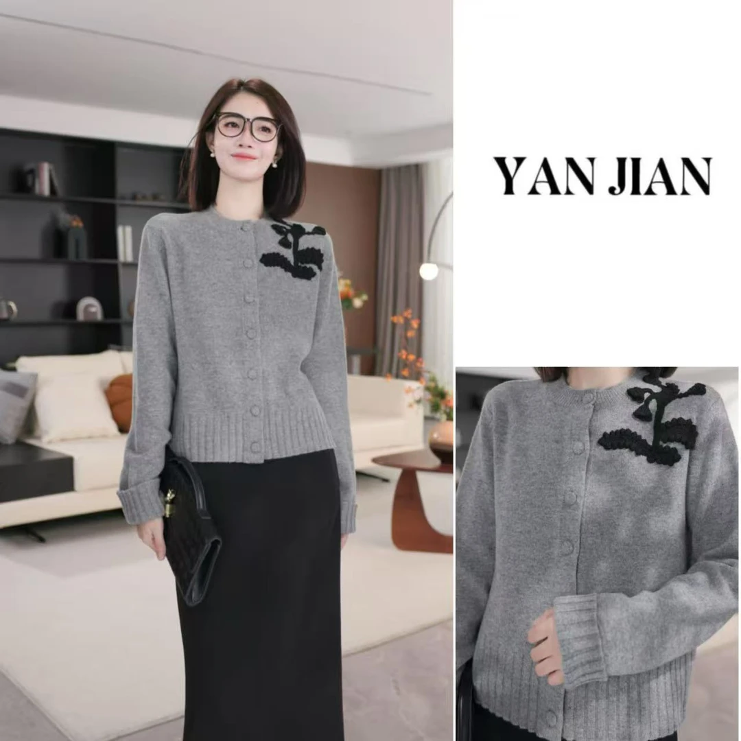 YAN JIAN【雾松】100%绵羊毛立体兰伶钩花设计气质开衫