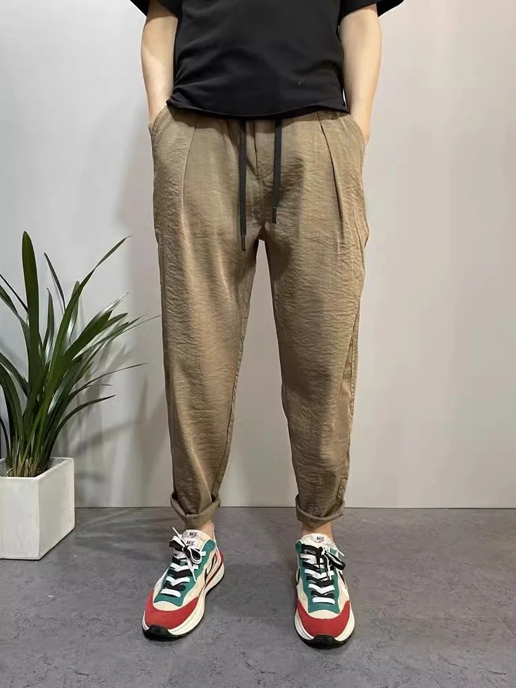 夏季新款棉麻超薄透气垂感休闲裤男士潮流哈伦裤阔腿裤男慵懒宽松