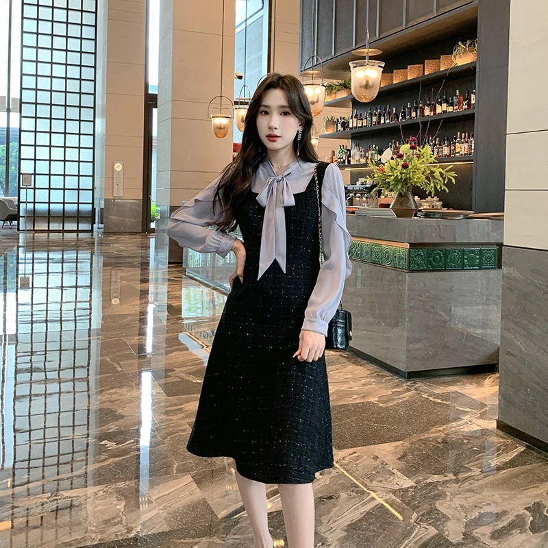 奢姿大码女装2025秋季减龄蝴蝶结绑带裙子胖妹妹假两件拼接连衣裙