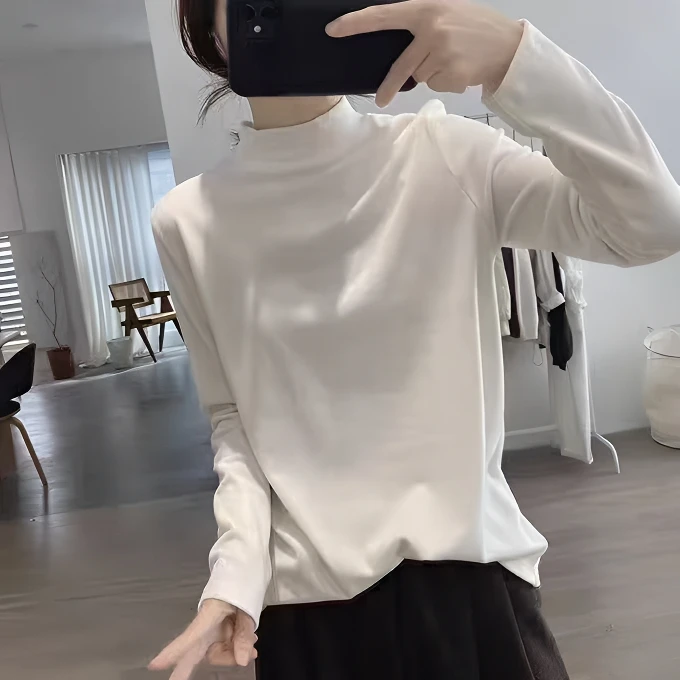 欧货白色长袖t恤女内搭2025春秋季新款半高领打底衫简约显瘦上衣