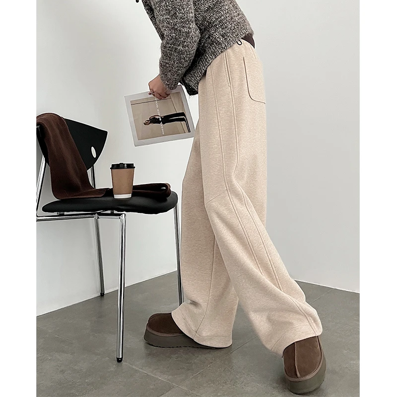 燕麦色羊毛加绒阔腿裤女冬季2025新款高腰垂感宽松休闲毛呢直筒裤