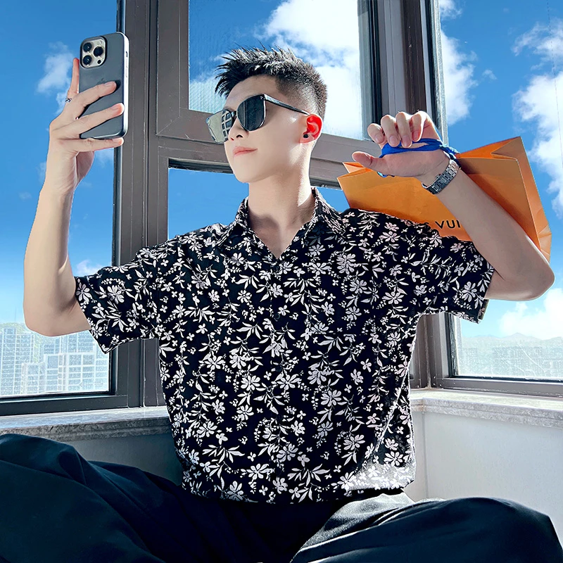 爆款印花男士衬衫夏季潮牌翻领男款衬衣半袖2025新款时尚百搭上衣