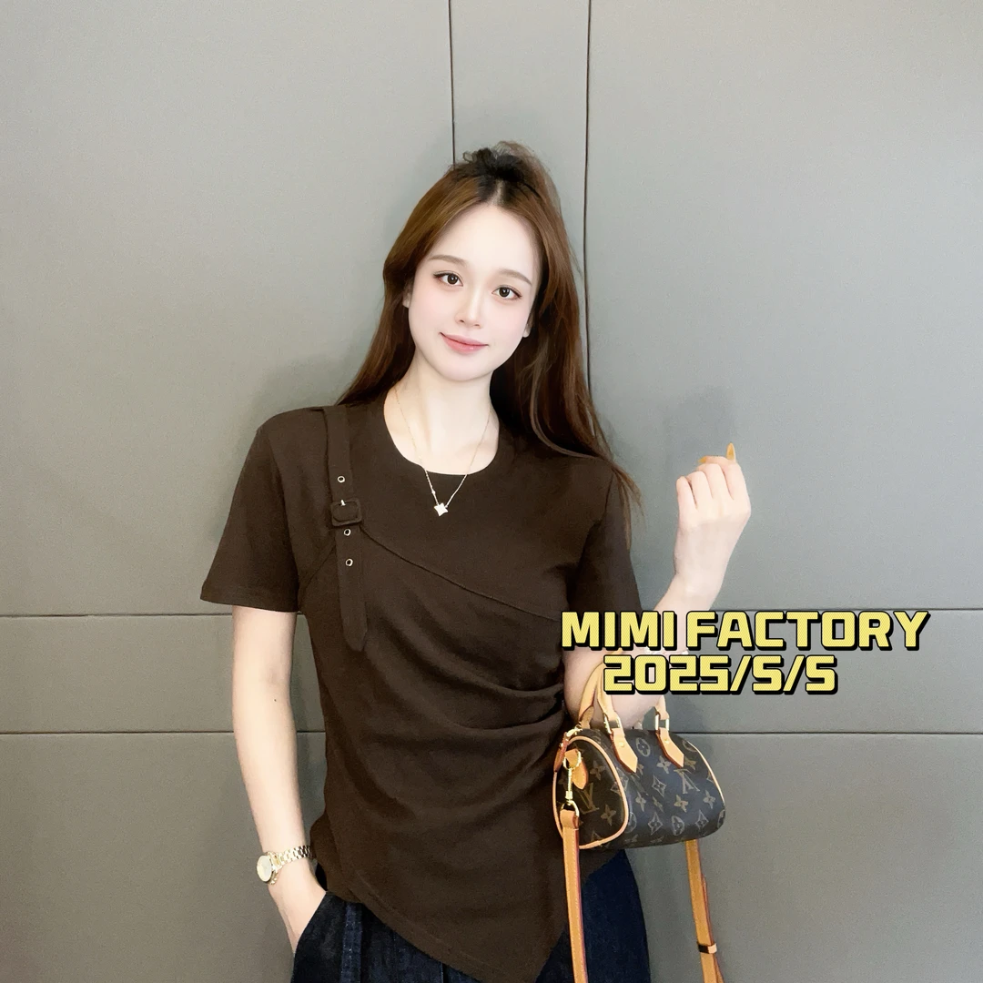 2025早秋新款 拼接假两件短袖T恤女时尚百搭上衣5688#