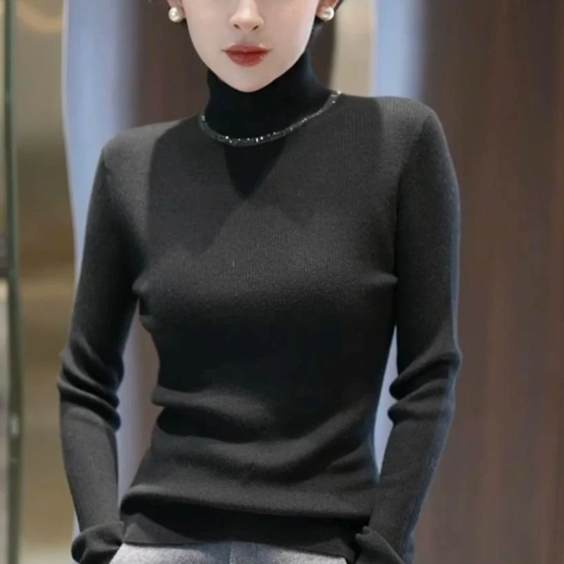 2025秋冬新款时尚打底衫半高领针织衫烫钻百搭时尚毛衣上衣保