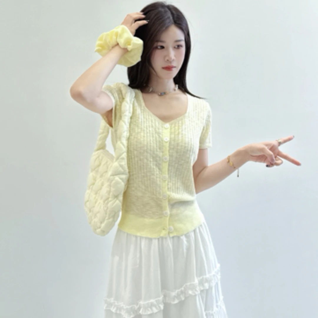 薄款开衫方领毛针织衫女短款拼接温柔风可水洗夏季