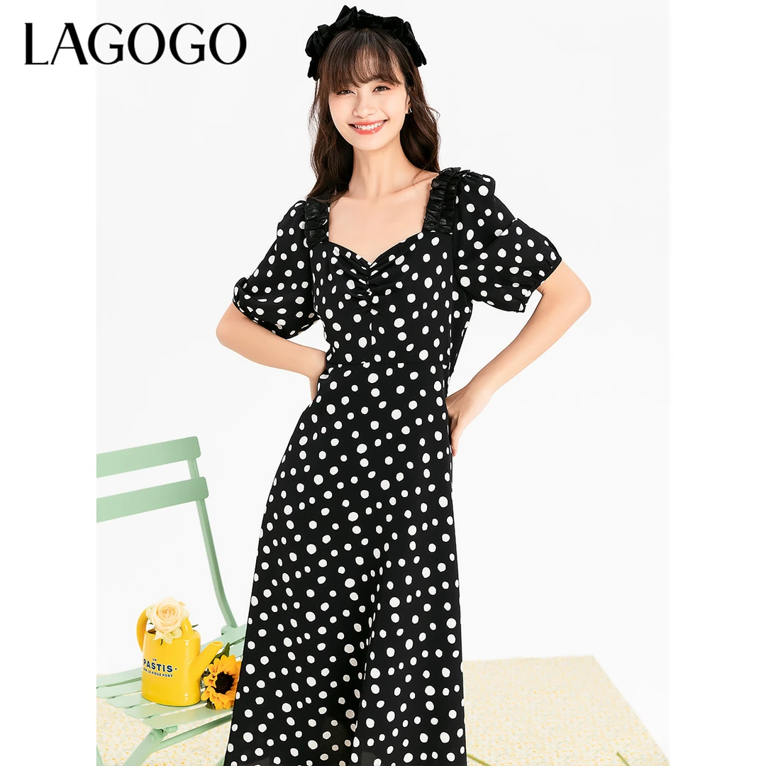 lagogo2023年新款甜美泡泡袖可爱波点连衣裙女MALL304A47