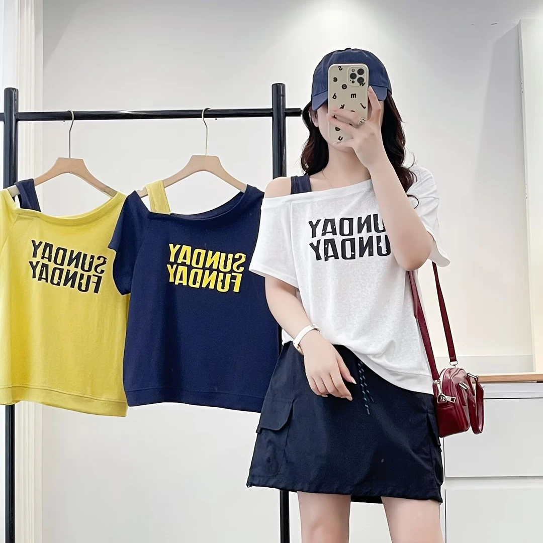 梦冬佳--100-180斤大码女装斜肩短袖T恤韩系字母印花减龄露肩上衣