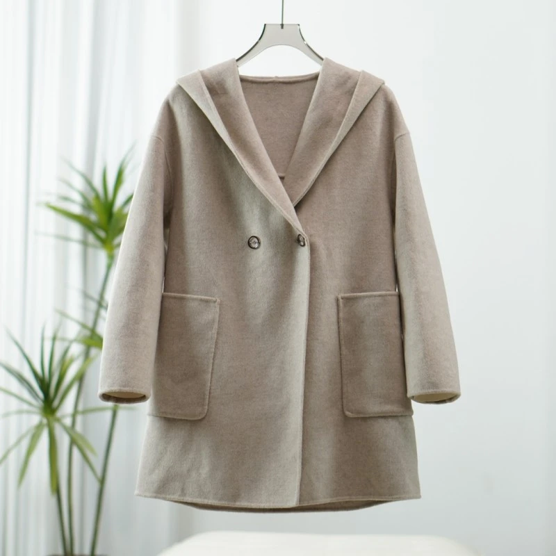 莉推荐【三C・伊】Y638   秋冬简约连帽呢大衣杏色Y22410258D10