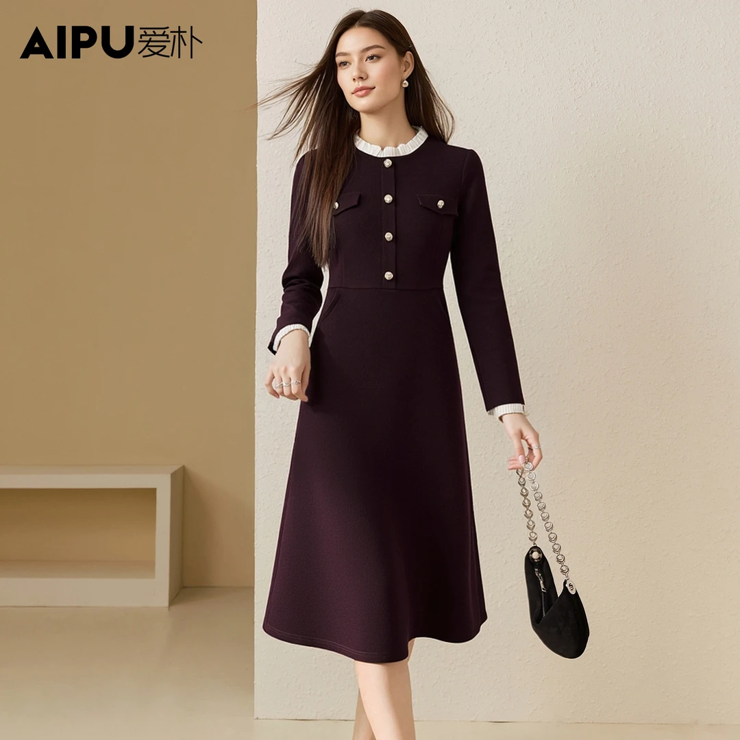 爱朴大码女装2025年新款时尚高端休闲法式圆领气质连衣裙23435