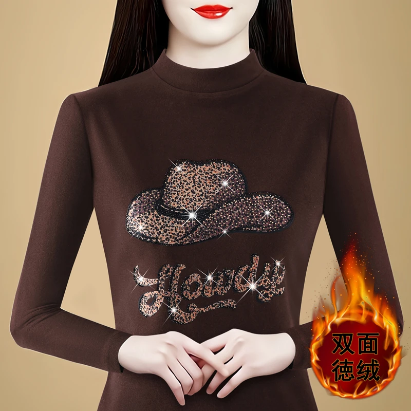 实拍 2025秋冬新款双面德绒加厚半高领长袖t恤内搭妈妈装上衣女