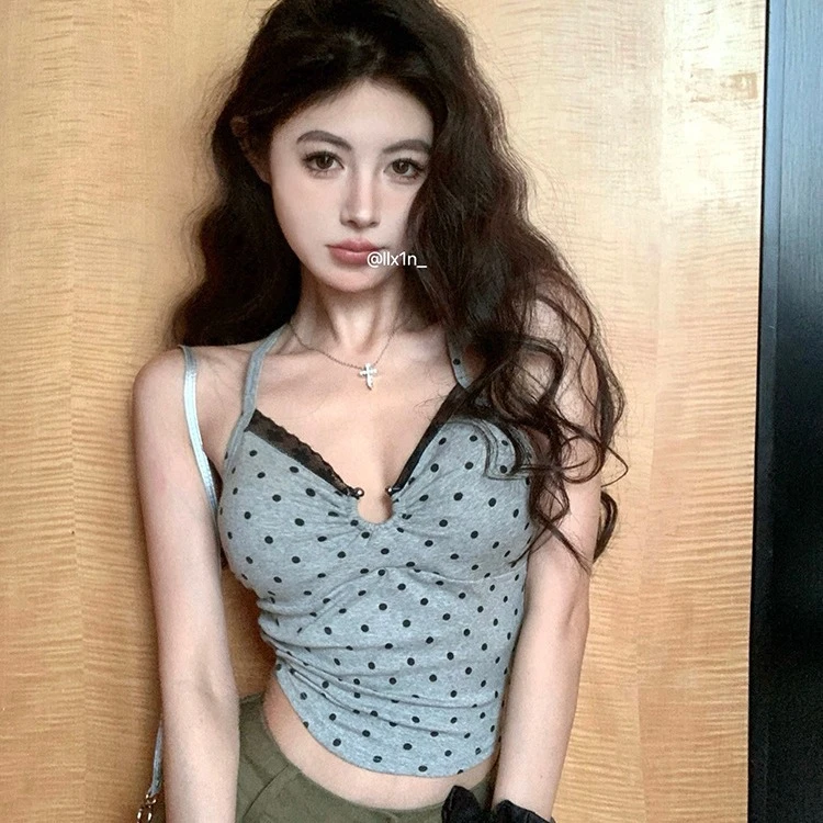 黑色波点美背镂空波点吊带背心女新款辣妹带胸垫绑带露背外穿上衣