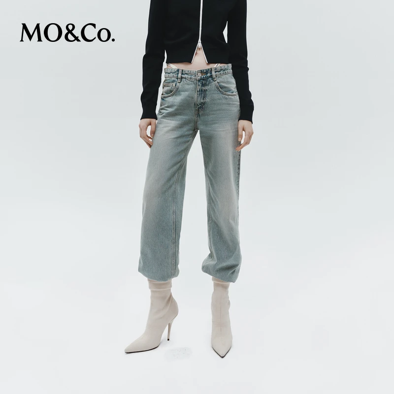 MOCO牛仔裤春秋设计感可拆卸细带中低腰直筒洗褪棉质MBD3JEN027