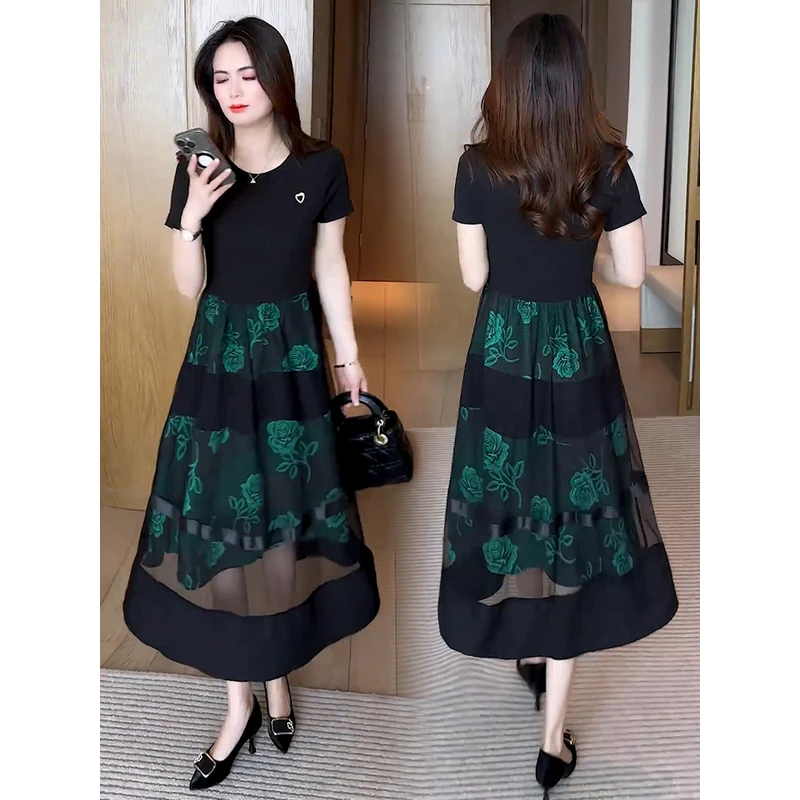 时尚大码连衣裙女2025夏季新款洋气显瘦拼接网纱宽松遮肚子中长裙