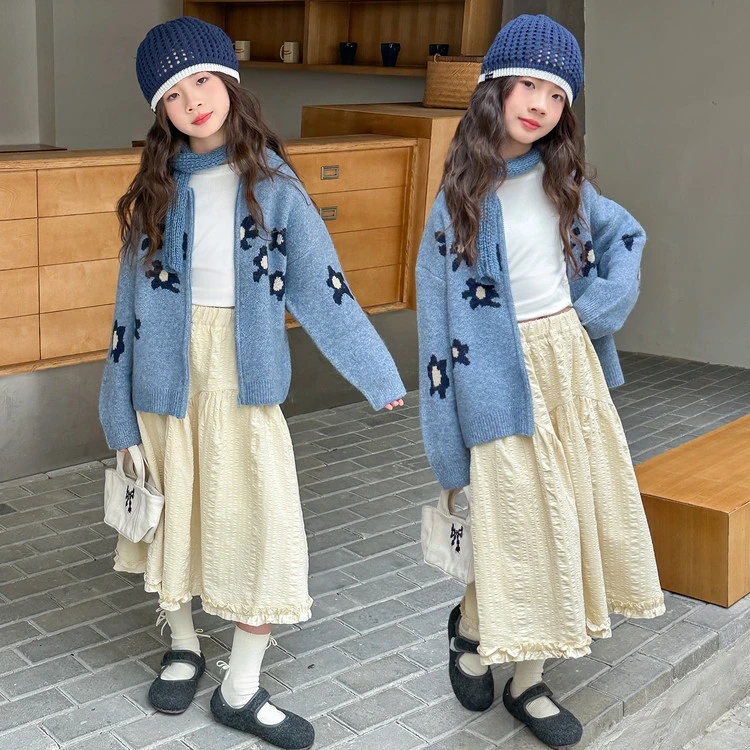 女童春秋韩系木耳边半身裙中大童百搭中长款裙子儿童百搭120-170