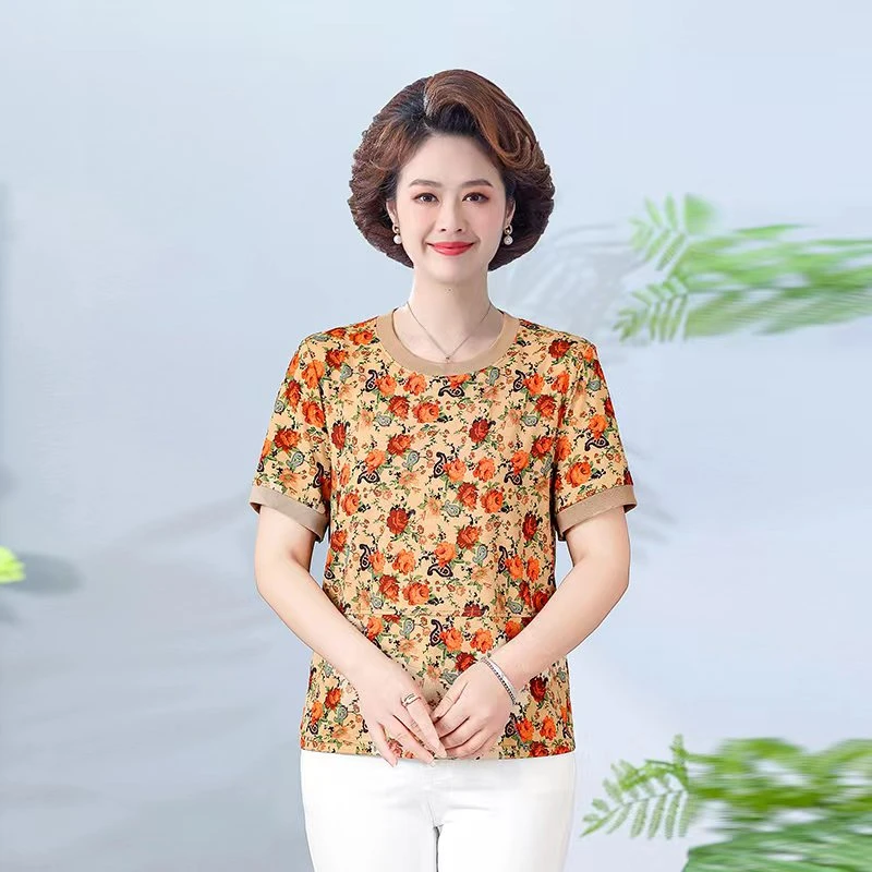 新款中老年妈妈时尚洋气弹力宽松圆领上衣短袖