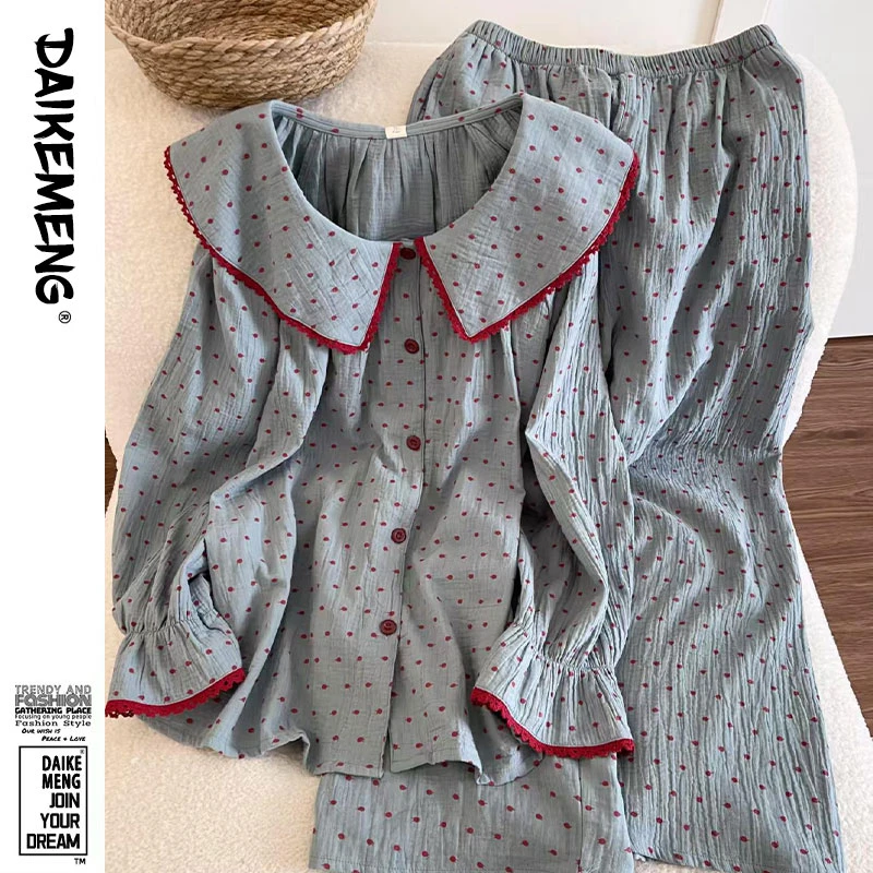 少女复古蓝波点长袖长裤可爱娃娃领女款春秋季甜美休闲家居服套装