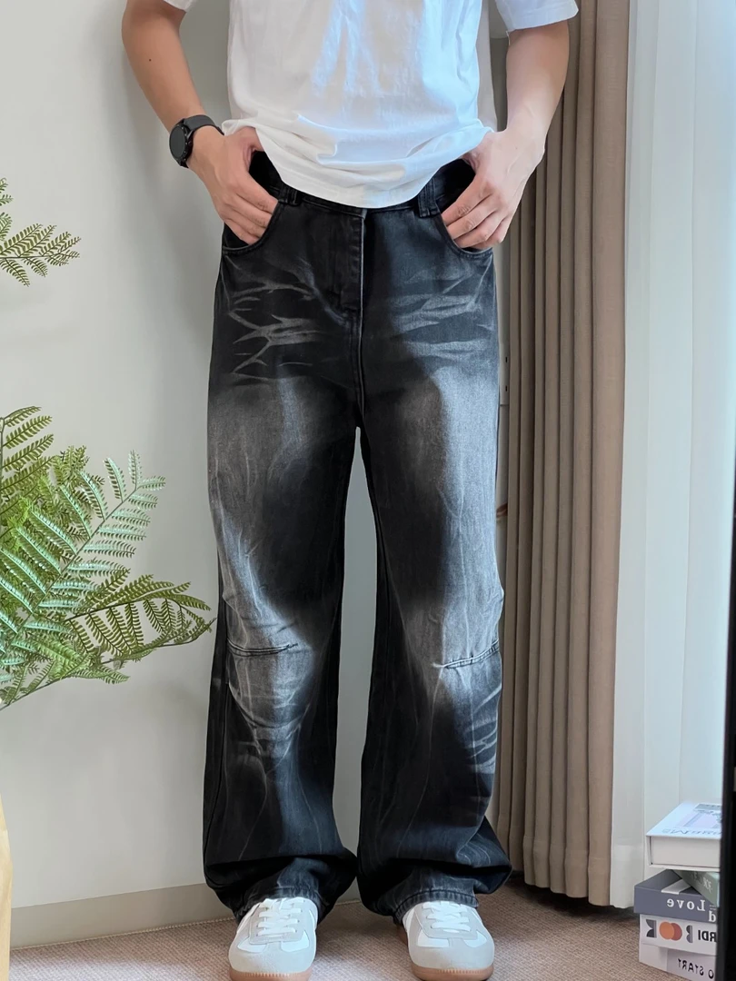 美式复古做旧闪电纹水洗褶皱阔脚男女牛仔裤宽松直筒高街长裤