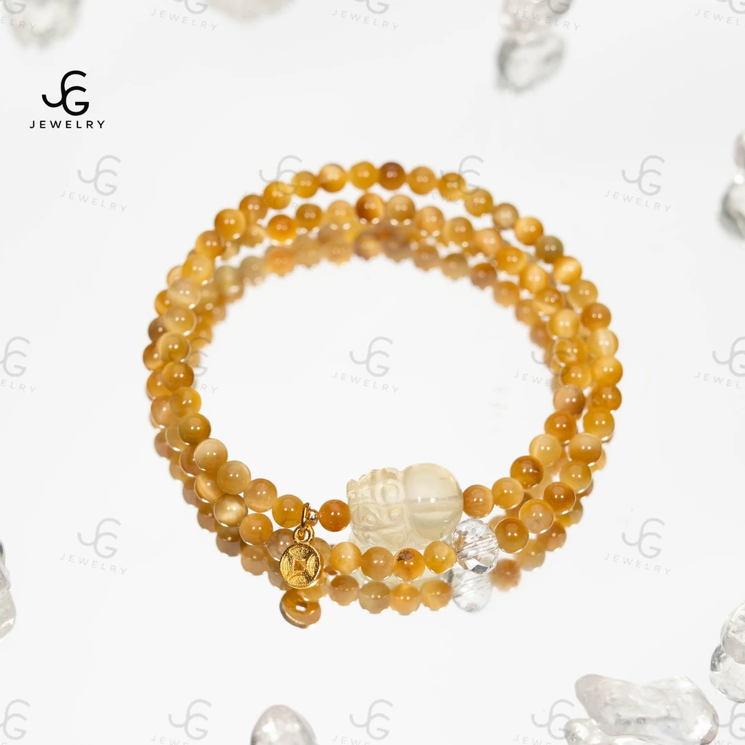 【米】【金虎纳财】黄金虎眼4mm+黄水貔恘15mm双圈纯天然水晶定制手串